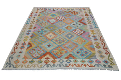 Kelim Afghan rug 203×153 cm, light beige with turquoise and orange patterns