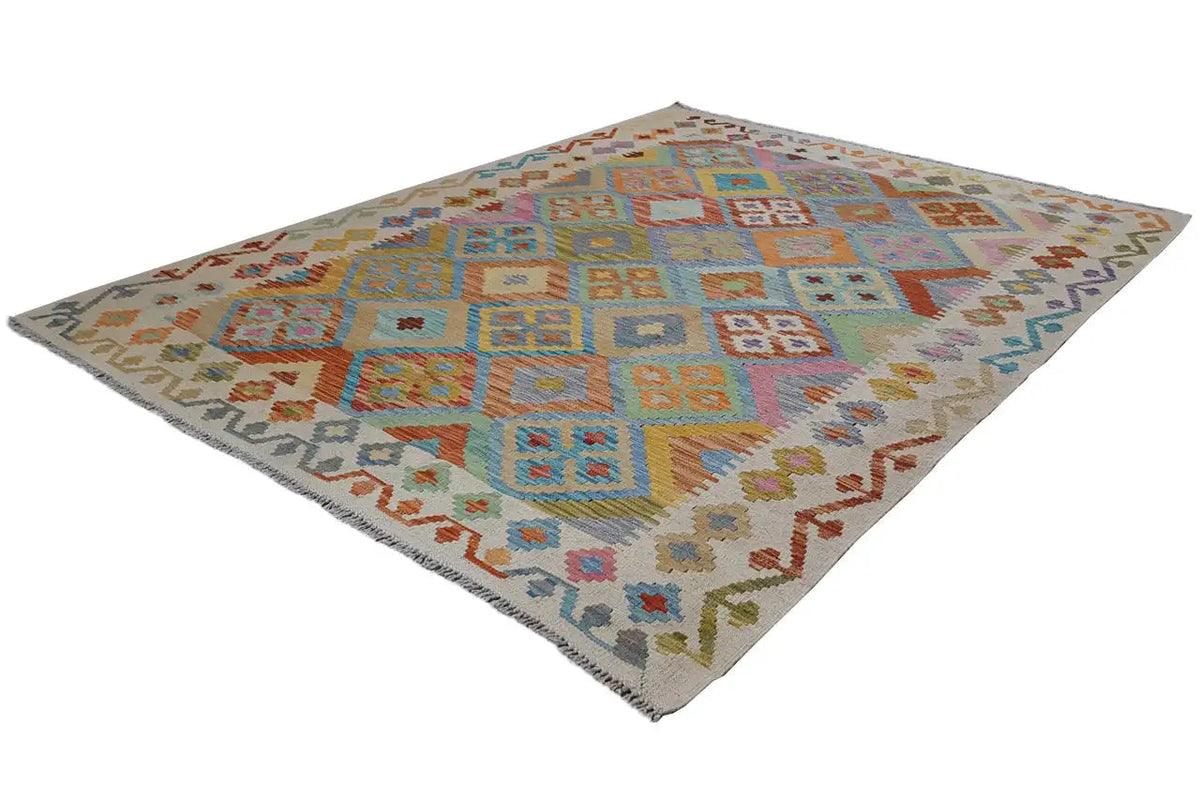 Kelim Afghan rug 203×153 cm, diagonal view, multicolored diamond and tile pattern
