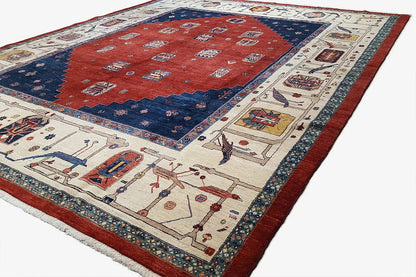 Oriental rug: red field with a dark blue edge and border, classic pattern