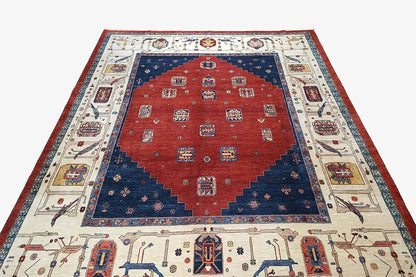 Oriental rug laid flat, red center, dark blue frame, ornate border