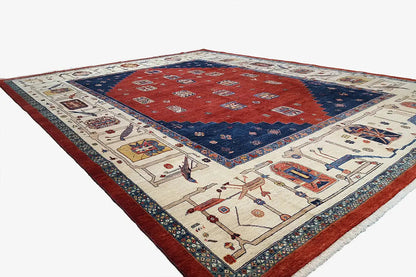 Oriental rug lying flat, red central motif, dark blue inner border, red edges