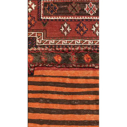 Bakhtiari kilim (238 x 90 cm) with decorative panels, stars, and dense stripes in red and blue