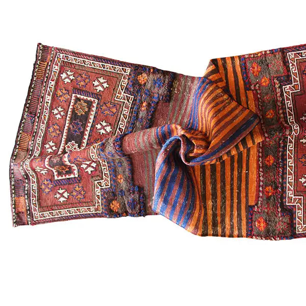 Bakhtiari kilim (238 x 90 cm) draped lengthwise: orange and blue stripes with a red border