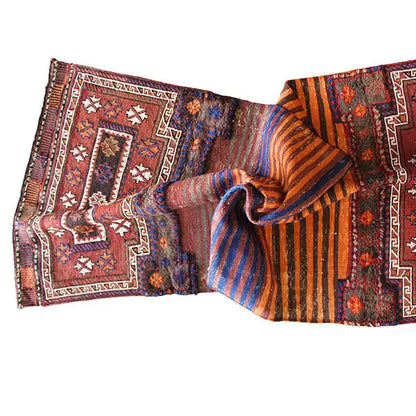 Bakhtiari kilim (238 x 90 cm) draped lengthwise: orange and blue stripes with a red border