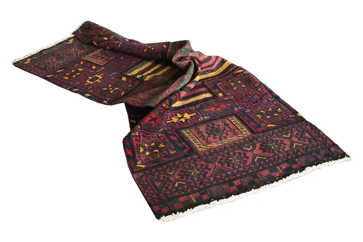 Bakhtiari kilim rug, burgundy with colorful geometric patterns and fringes