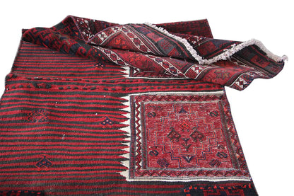 Bakhtiari kilim rug with folded view, red and dark blue, detailed motifs, short fringes.