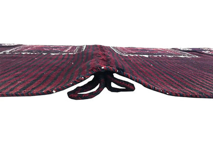 Kelim Bakhtiari rug: fringed edge, burgundy and dark blue striped and patterned field.