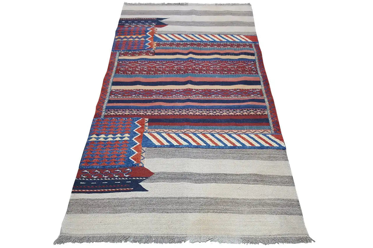 Bakhtiari rug with geometric stripes in blue, red and beige, rectangular, with fringes