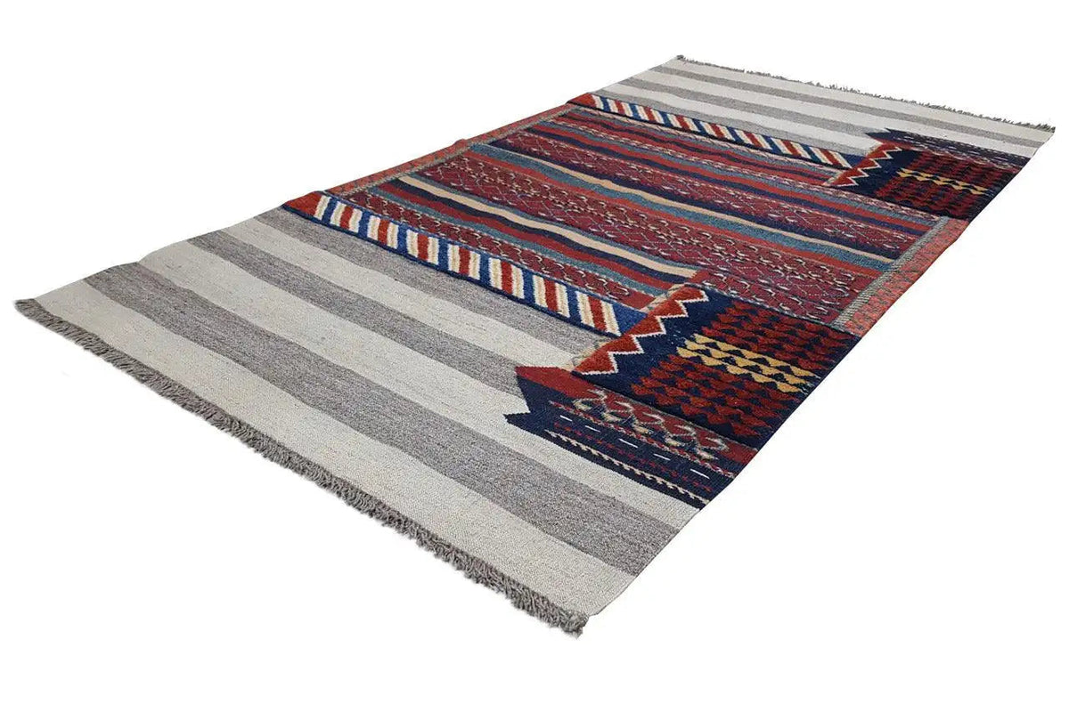 Kilim rug with stripes and geometric borders, gray, red, blue, 195x102 cm
