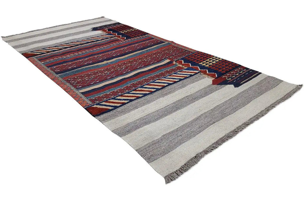 Kilim rug in triangular view with stripes and block patterns, grey, red, blue