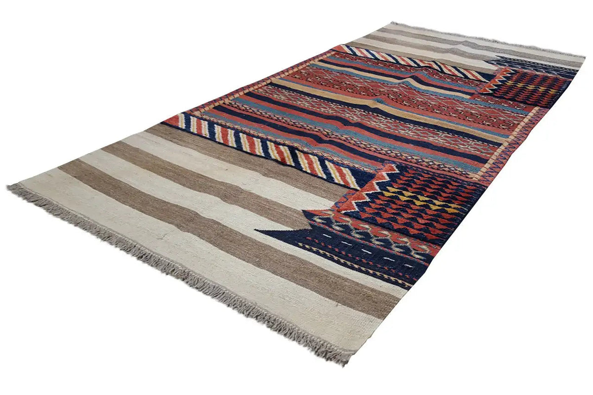 Kilim Bakhtiari rug with stripes and diamonds, fringed edge, red, blue, gray