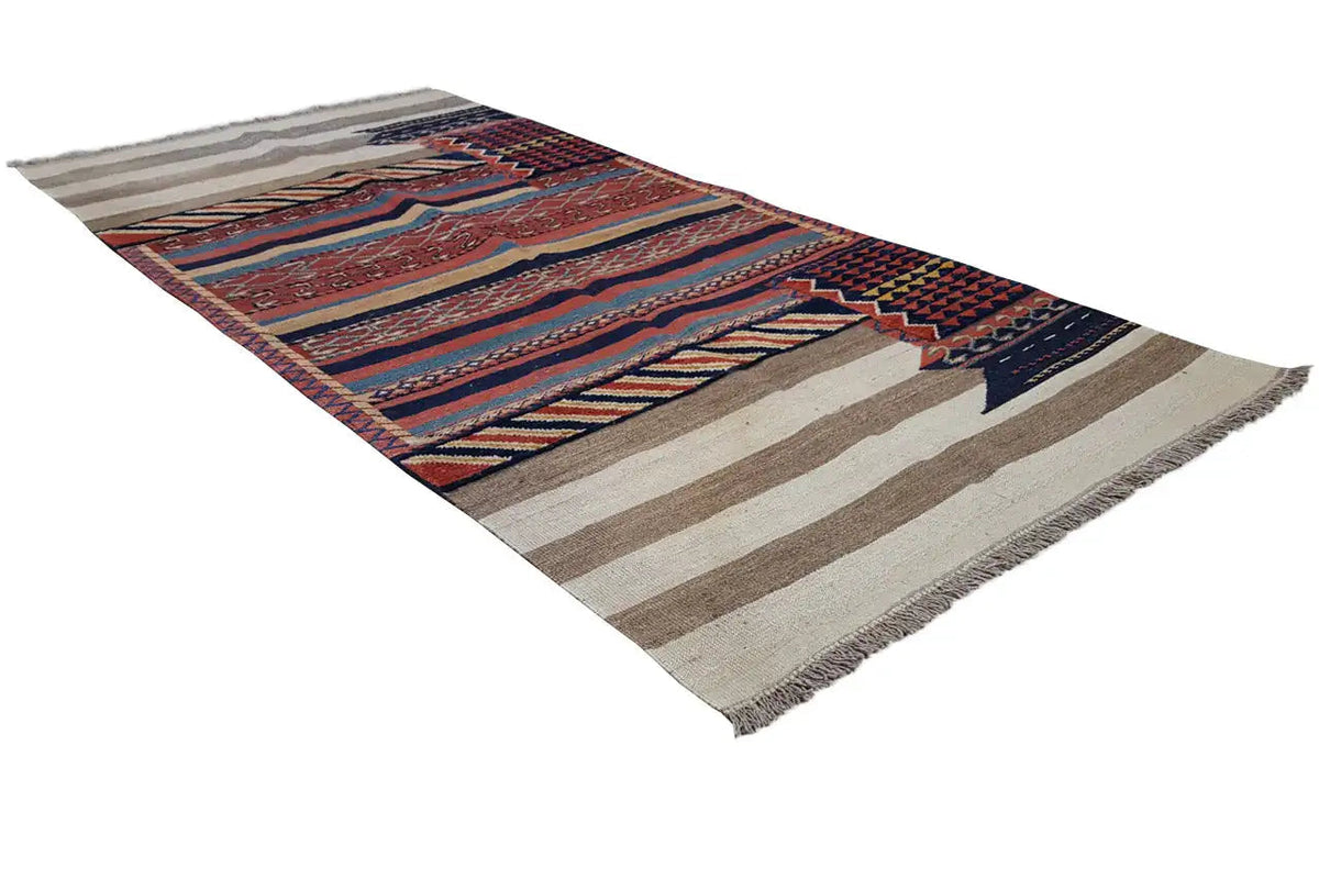 Kelim Bakhtiari rug with geometric patterns, fringed edge, red-blue-gray