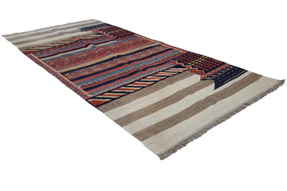 Kelim Bakhtiari rug with geometric patterns, fringed edge, red-blue-gray