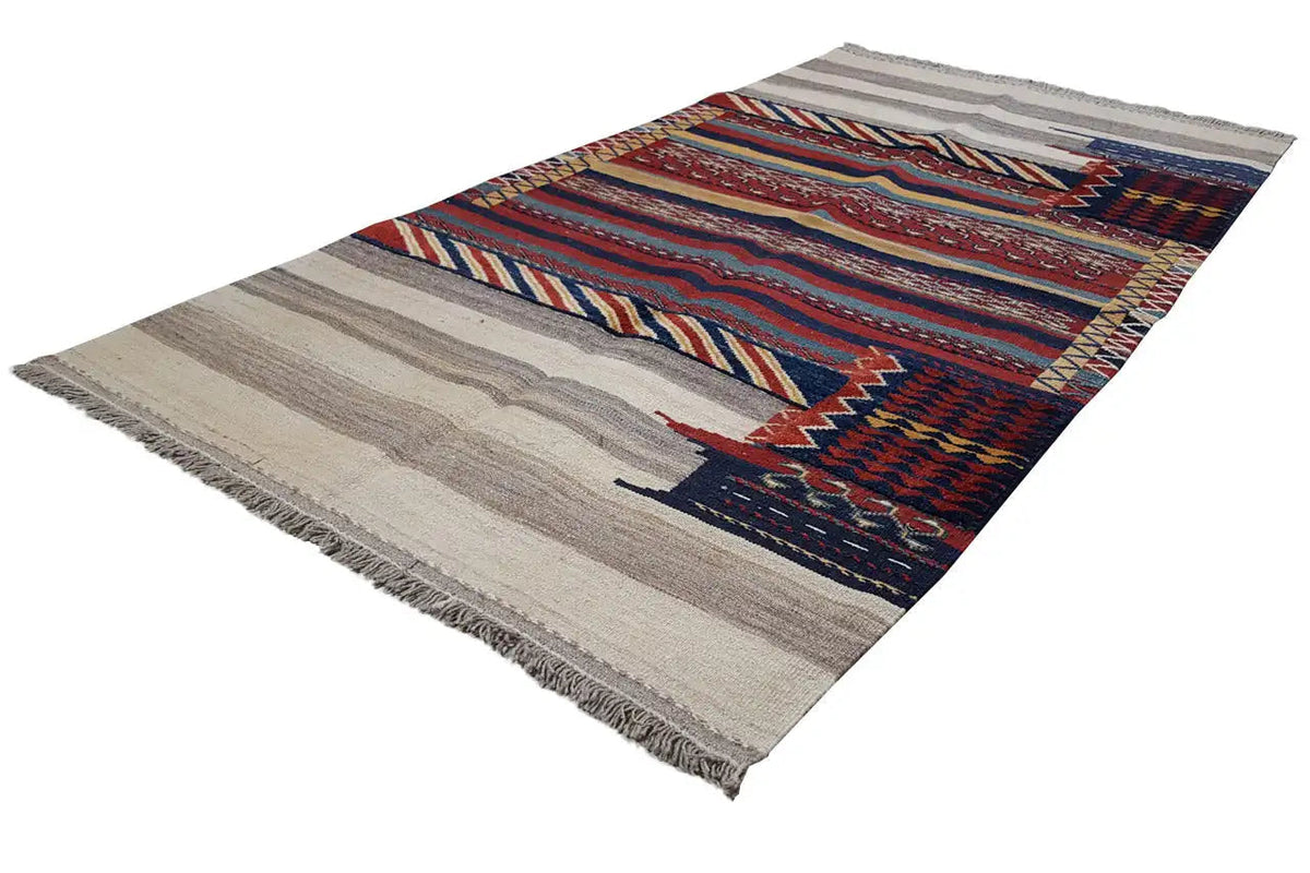 Kilim rug with a geometric pattern, beige base, and red, blue, and yellow color bands.