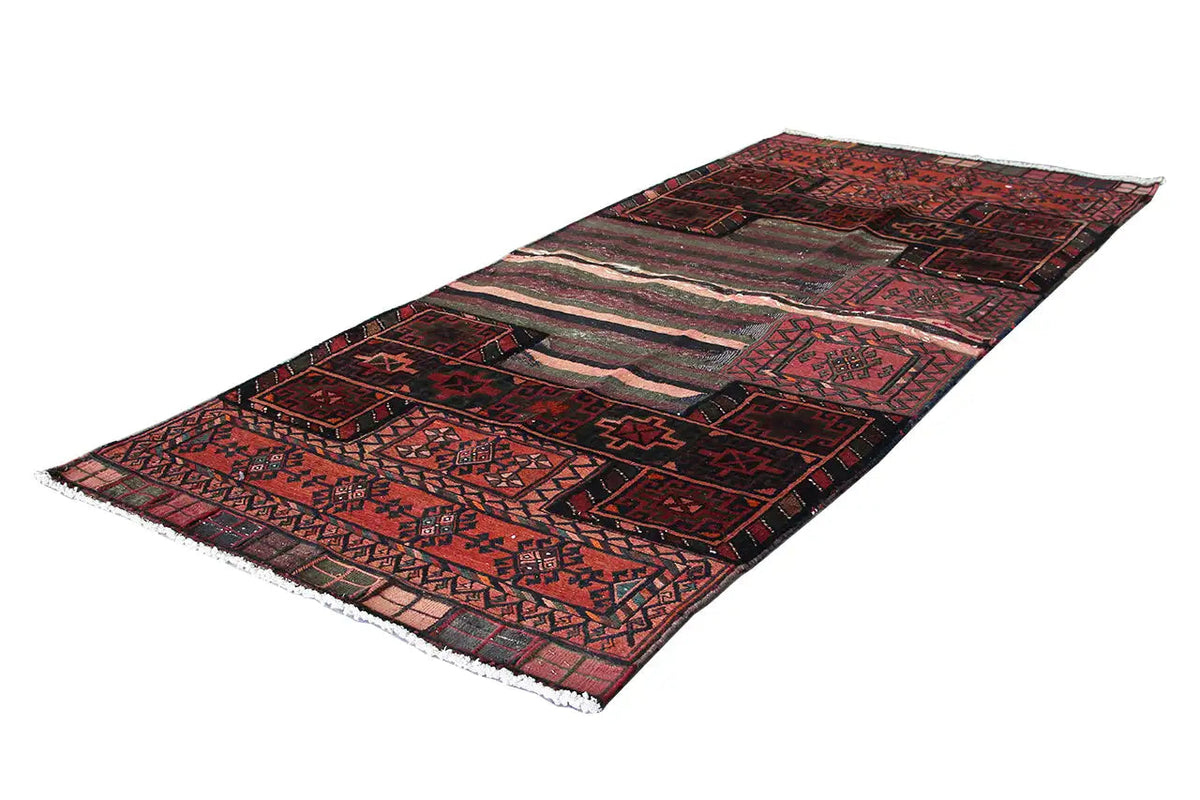 Kelim Bakhtiari runner rug with geometric patchwork in red, dark brown and beige, 251x110 cm