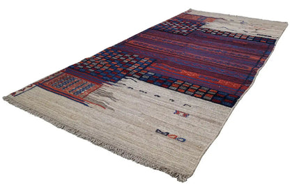 Bakhtiari kilim rug with wide stripes and diamonds in blue and red on beige, fringes
