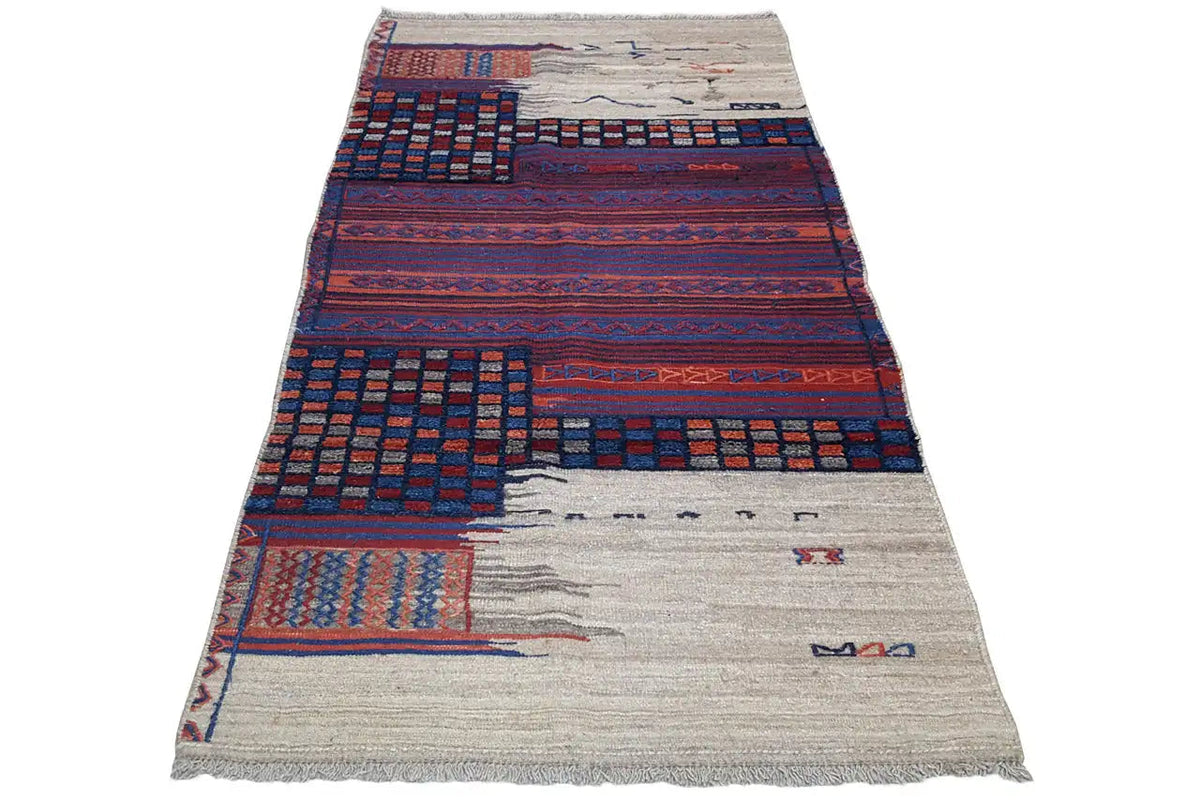 Bakhtiari kilim in beige with red and dark blue patterns, fringed edge