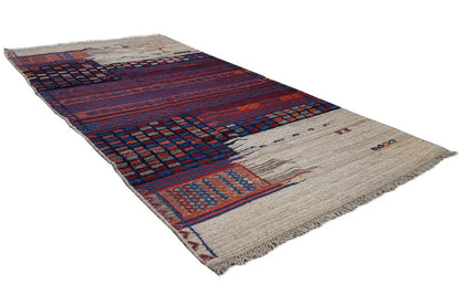 Bakhtiari kilim, diagonal view: red and dark blue patterns on a beige background