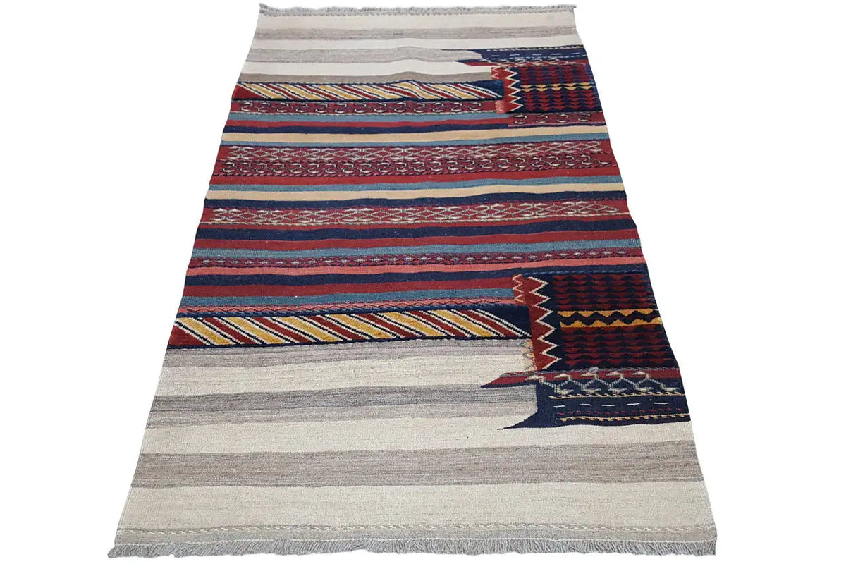 Oriental kilim rug with stripes/diamonds in blue, red, and beige, with fringes