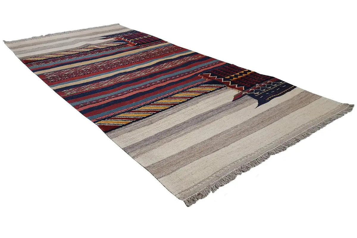 Kilim rug, spread diagonally, striped pattern in blue, red and beige, fringes