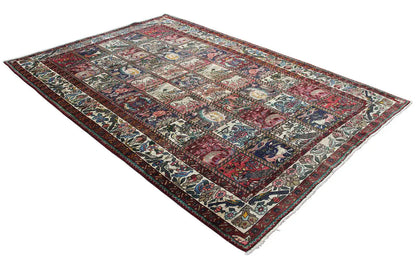 Rectangular oriental rug with a geometric pattern, multicolored border (294x199 cm)