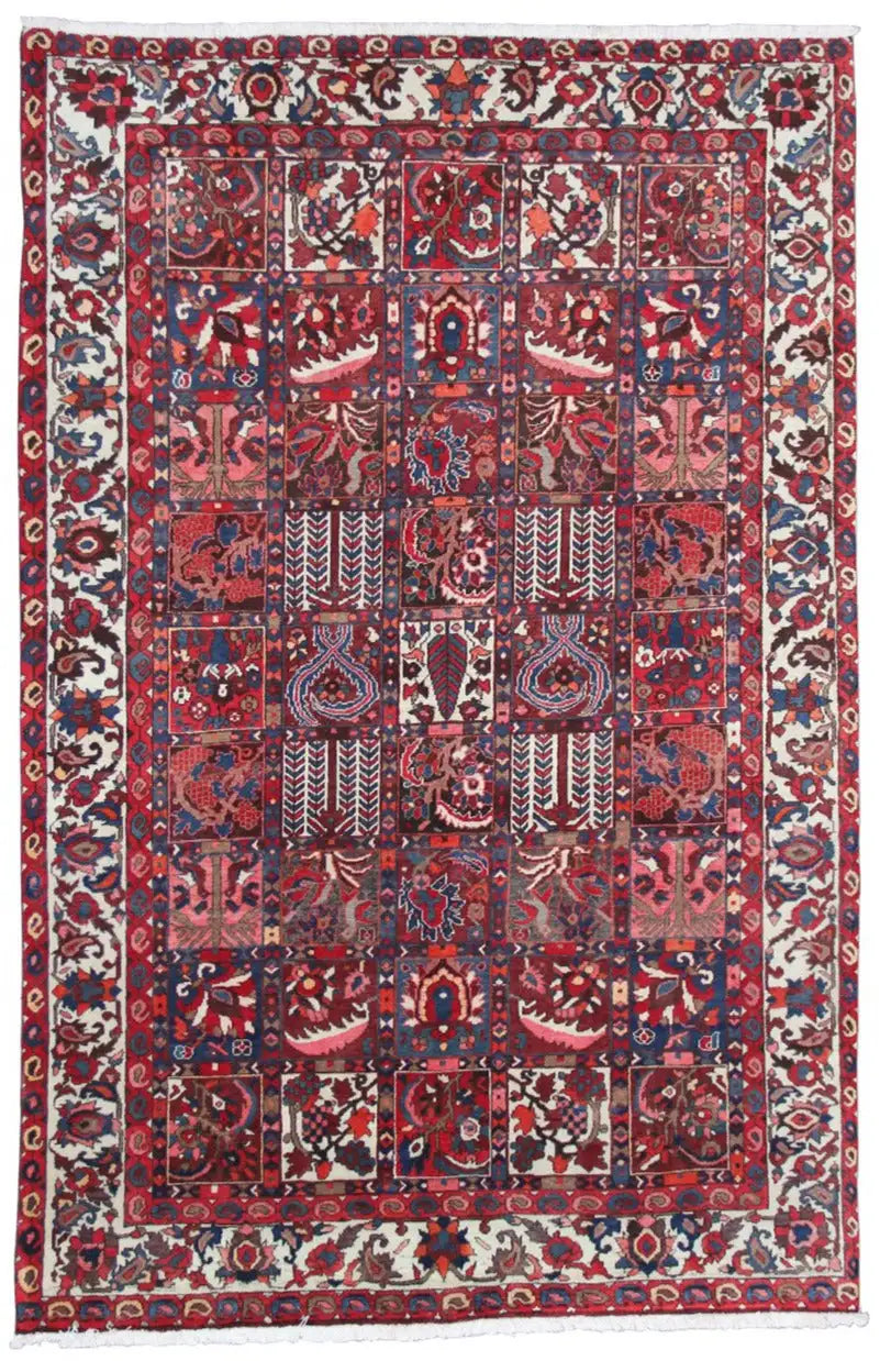 Bakhtiari rug 303x205 cm with a red, blue, and cream patchwork pattern