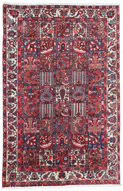 Bakhtiari rug 303x205 cm with a red, blue, and cream patchwork pattern