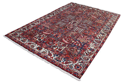 Bakhtiari rug 303x205 cm diagonal, red blue-cream pattern, short fringes