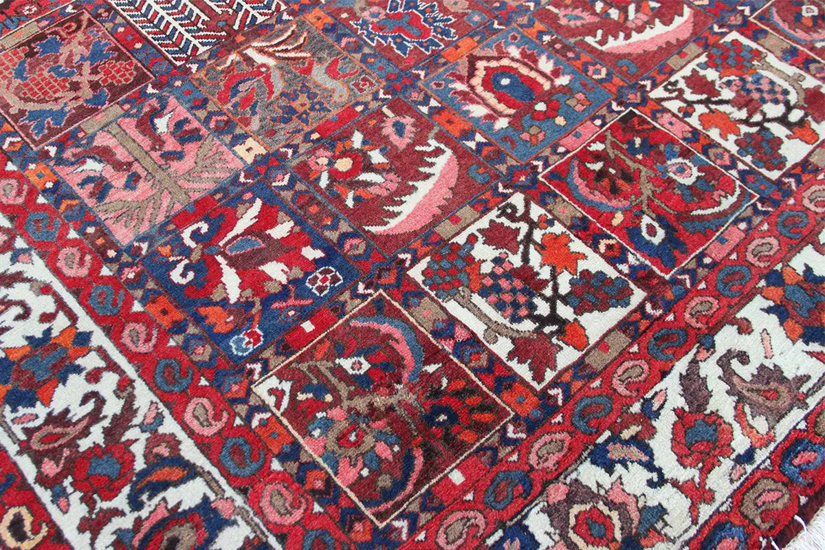 Detail of Bakhtiari rug: Cross and medallion motifs in red, blue, and white