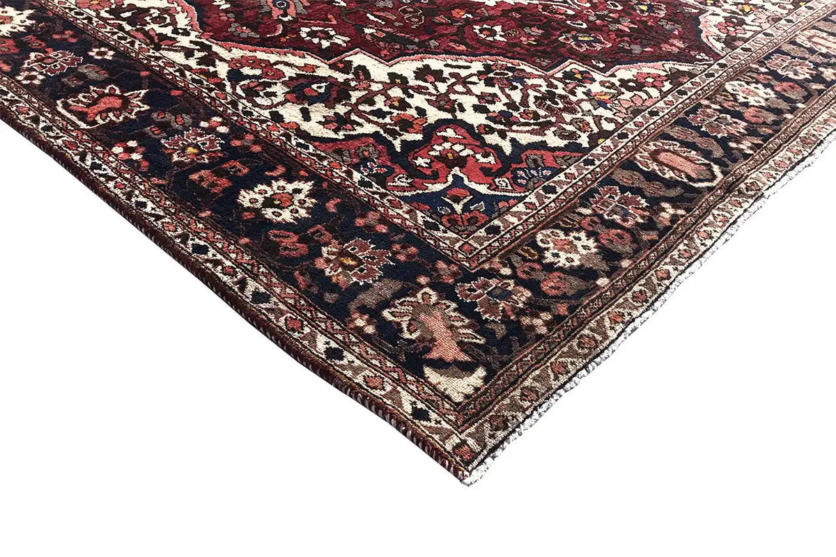 Bakhtiari rug (306x207 cm) corner: ornamental border, red background, cream-colored details