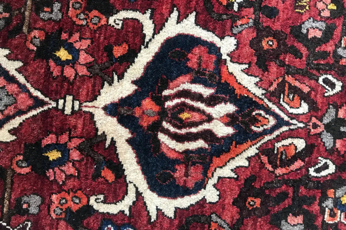 Bakhtiari rug (306x207 cm) detailed close-up with a red color field and white accents