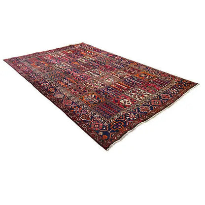 Rug 310x209 cm with a large geometric pattern in burgundy, blue, and beige