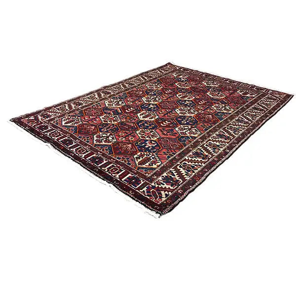 Rectangular Persian rug with a geometric pattern, dark red, blue, beige
