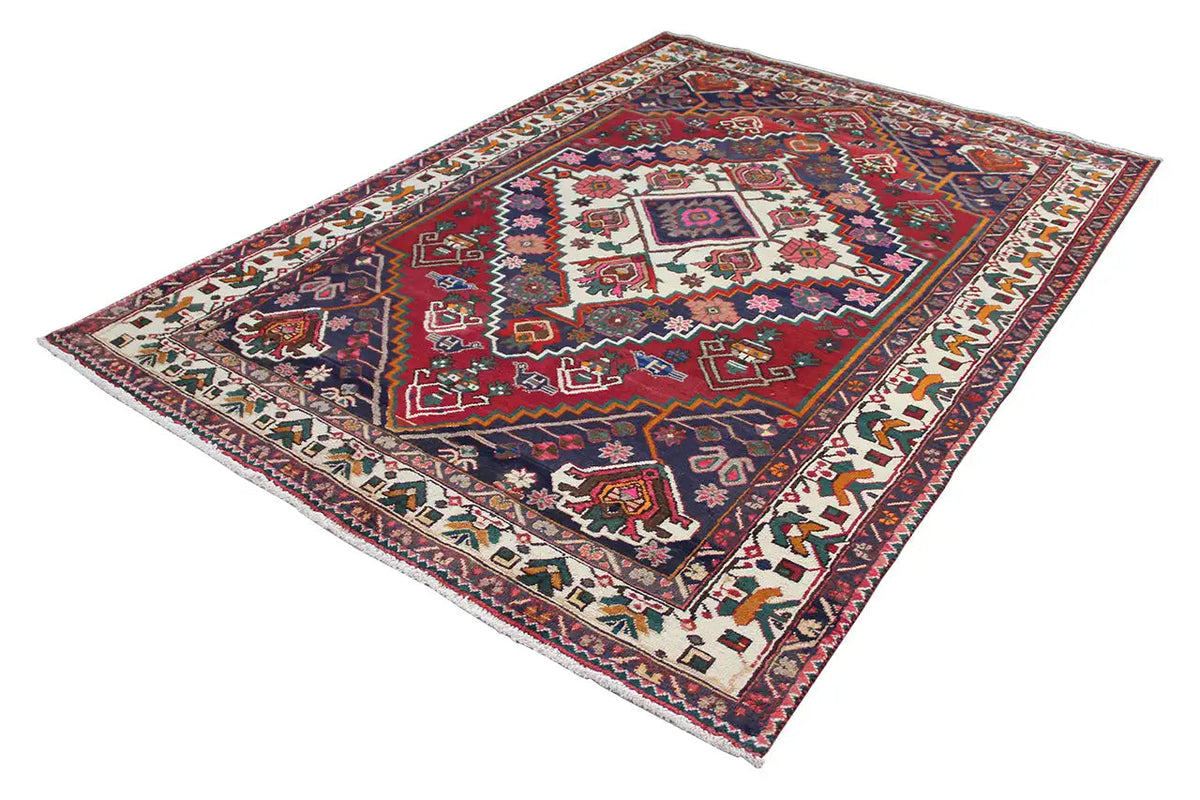 Oriental rug spread out, rectangular, red and blue patterns with a central field and vines