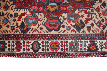 Carpet border with red, blue, and beige ornaments, fine fringed edge