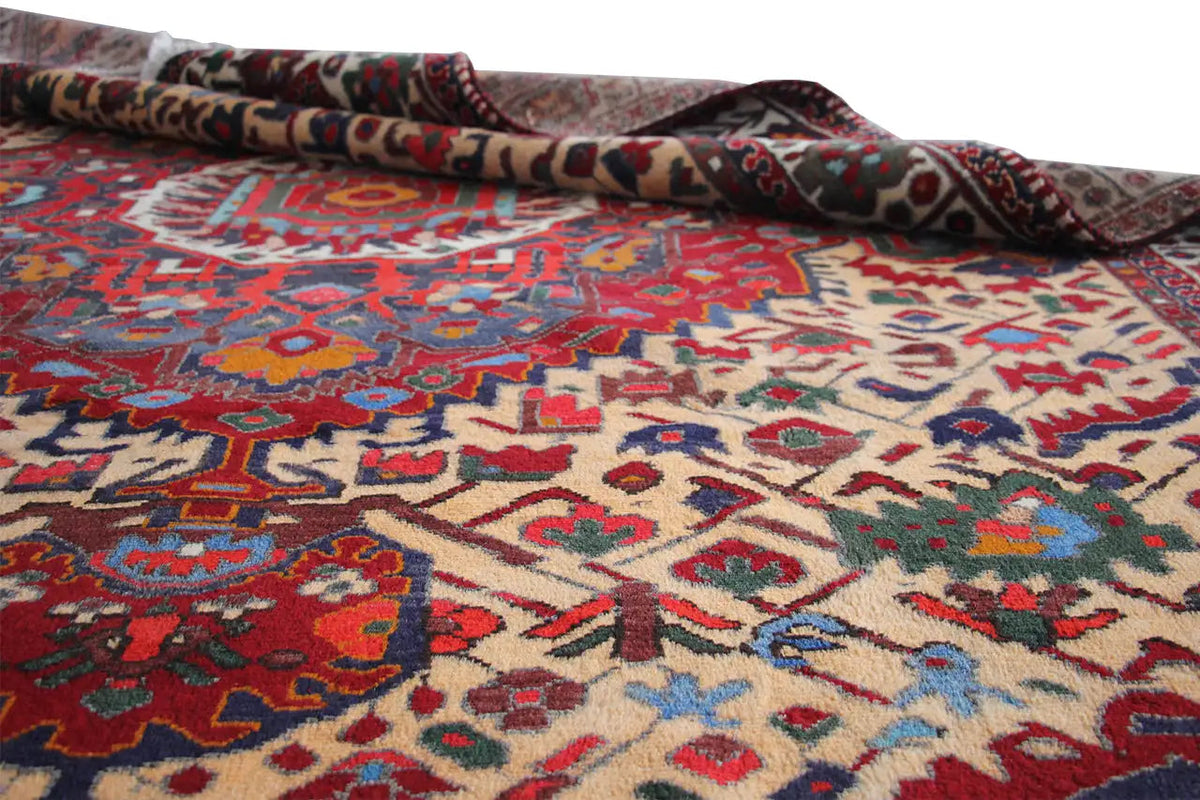 Bakhtiari rug 320x234 cm rolled up sideways; red and beige pattern