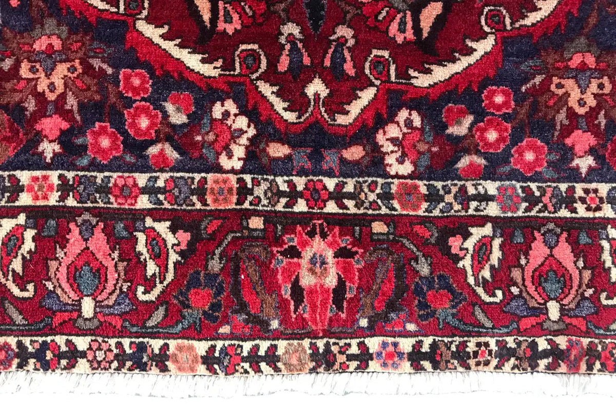Rug border with red and dark blue ornaments and a multicolored decorative trim.