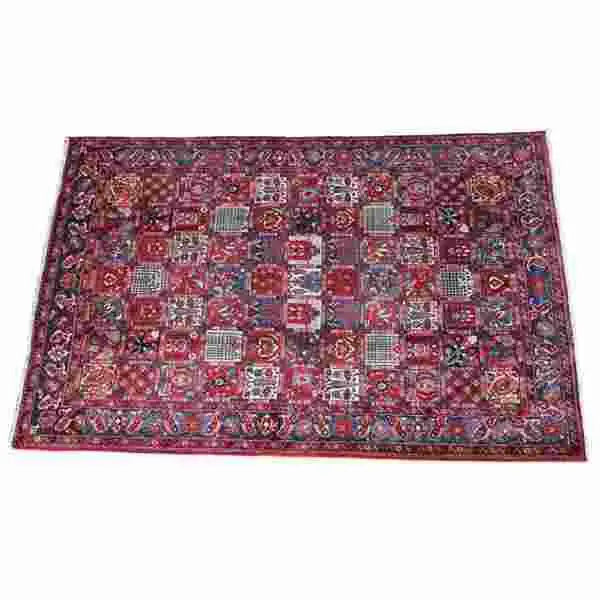 Bakhtiari rug (319x219 cm) lying flat: dense patchwork ornament in burgundy, blue and gray