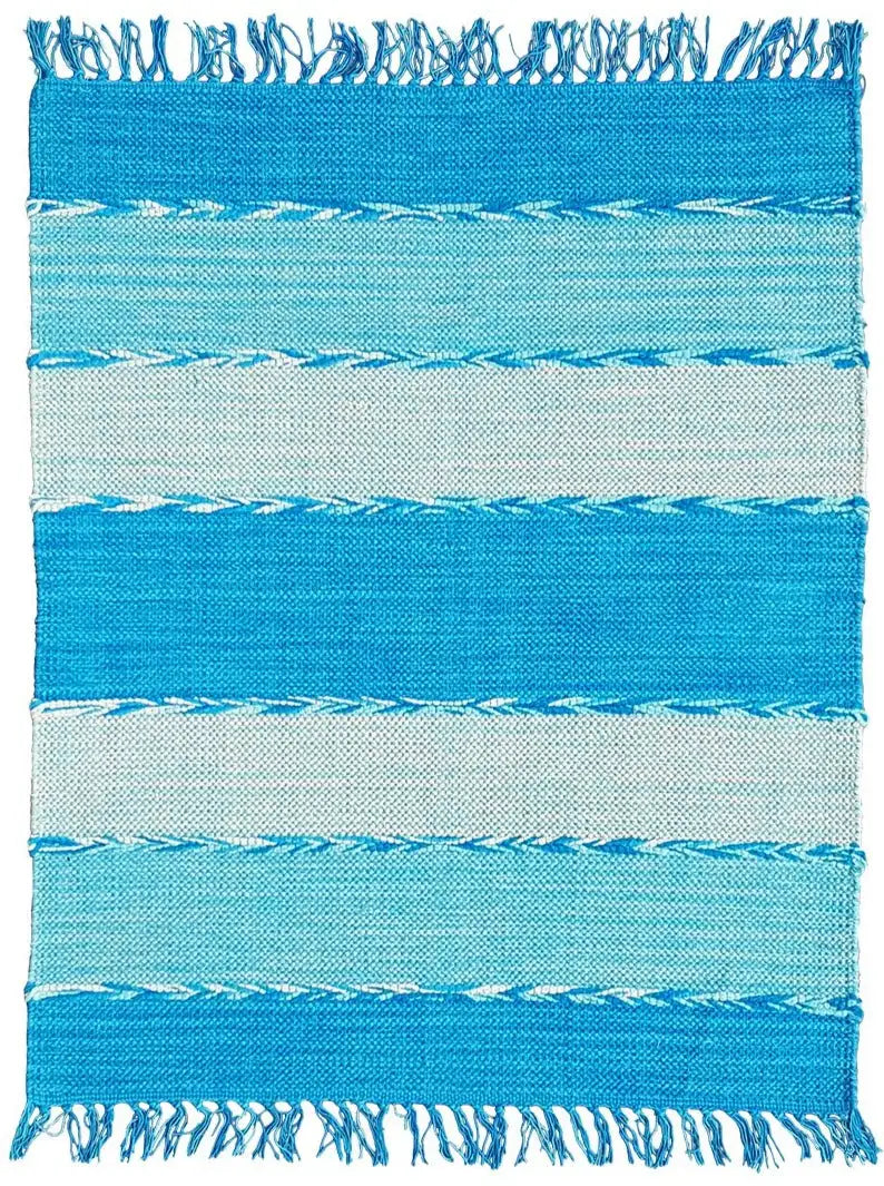 Kelim dhurrie rug with turquoise-blue stripes and fringes along the edges