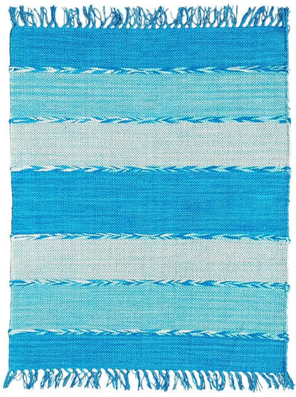 Kelim dhurrie rug with turquoise-blue stripes and fringes along the edges