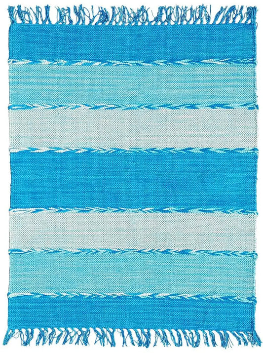 Kelim dhurrie rug with turquoise-blue stripes and fringes along the edges
