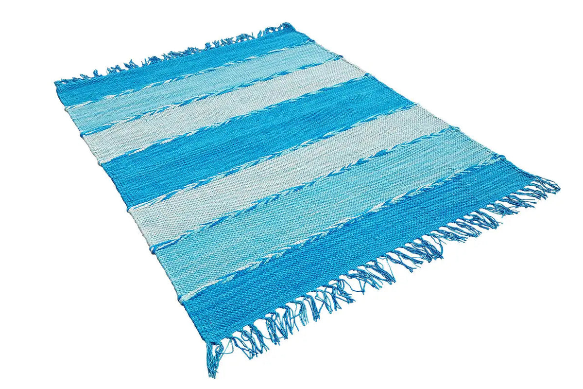 Kilim dhurrie rug with blue and white stripes, fringe on all sides