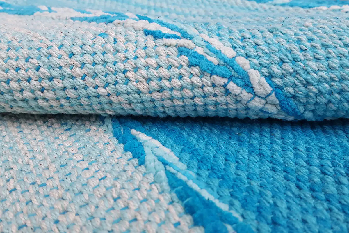 Kelim-dhurrie rug weave structure in detail, light blue and blue color areas