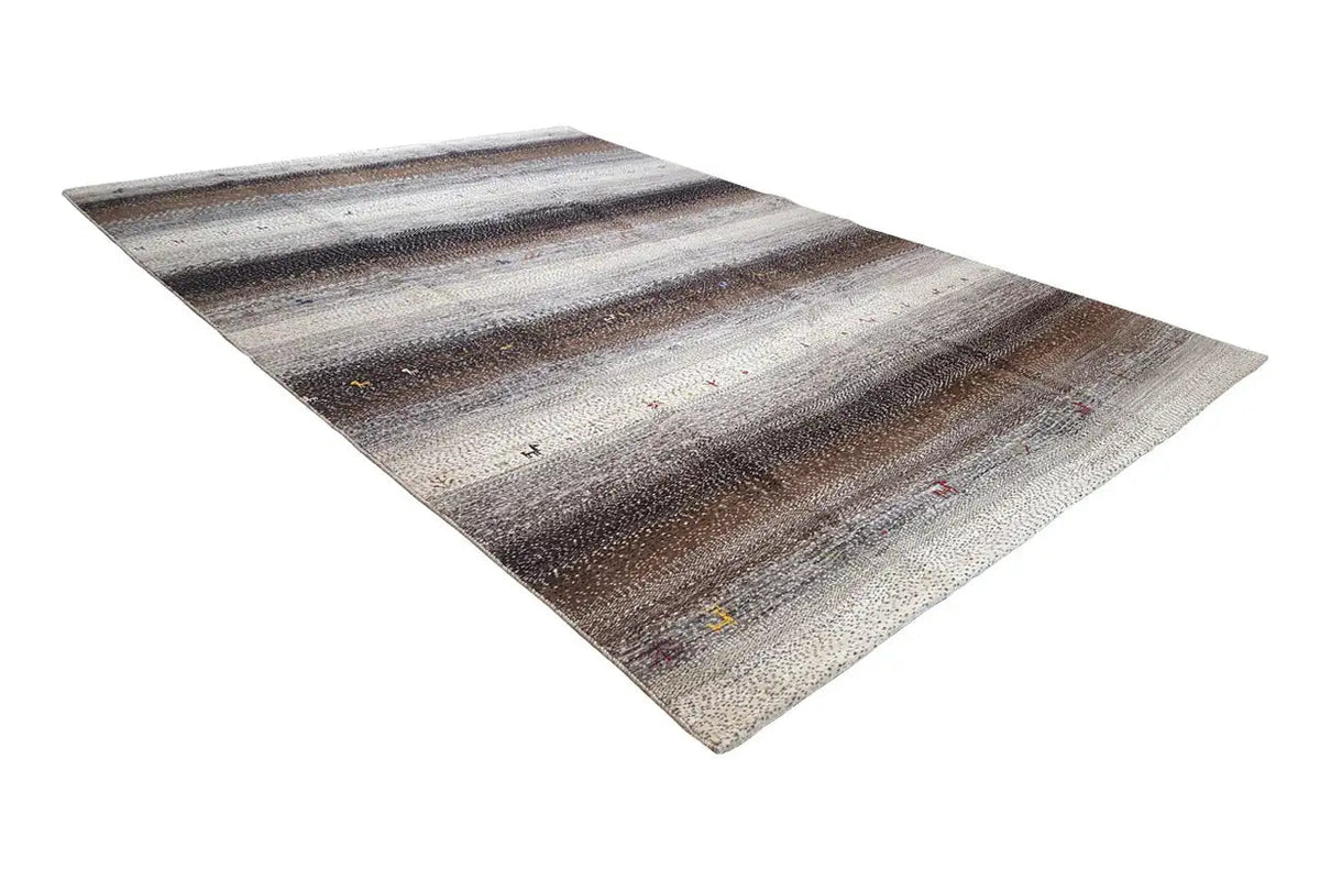 Slanted Gabbeh rug with wide gray and brown stripes