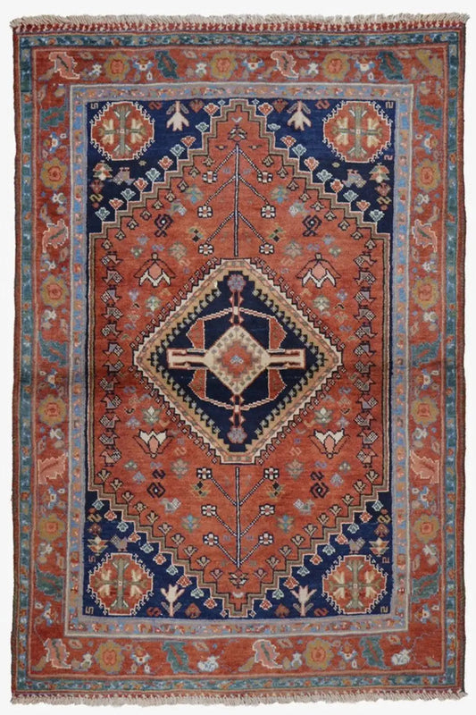 Qashqai rug 3809 with medallion ornament, decorative border and geometric patterns, red & blue