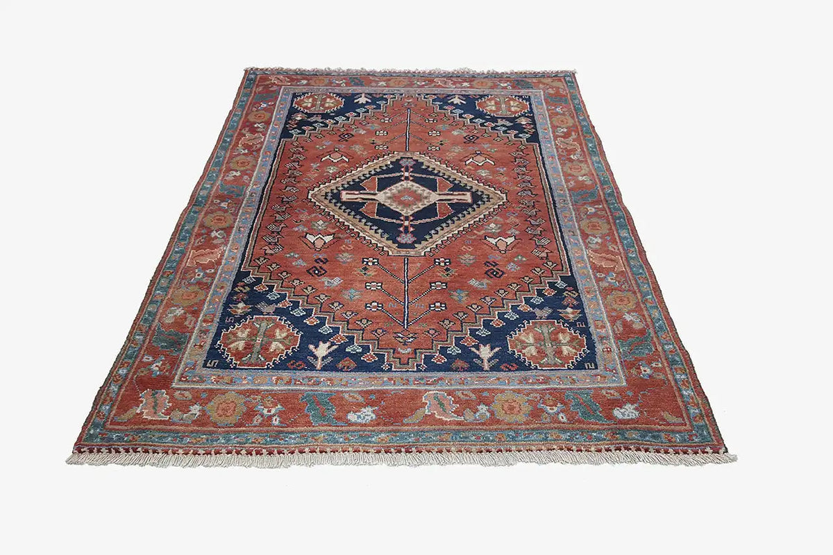 Qashqai rug 3809, geometric Oriental design with medallion, reddish brown and dark blue