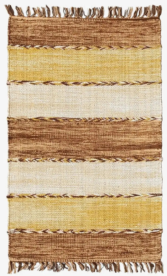 Modern kilim rug with stripes in cream, yellow, and brown, as well as fringes along the edge