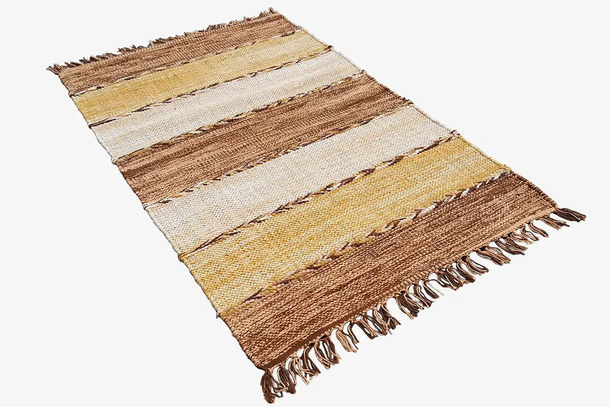 Kilim dhurrie rug with diagonal stripes in cream, yellow and brown, with fringes