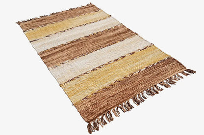Kilim dhurrie rug with diagonal stripes in cream, yellow and brown, with fringes