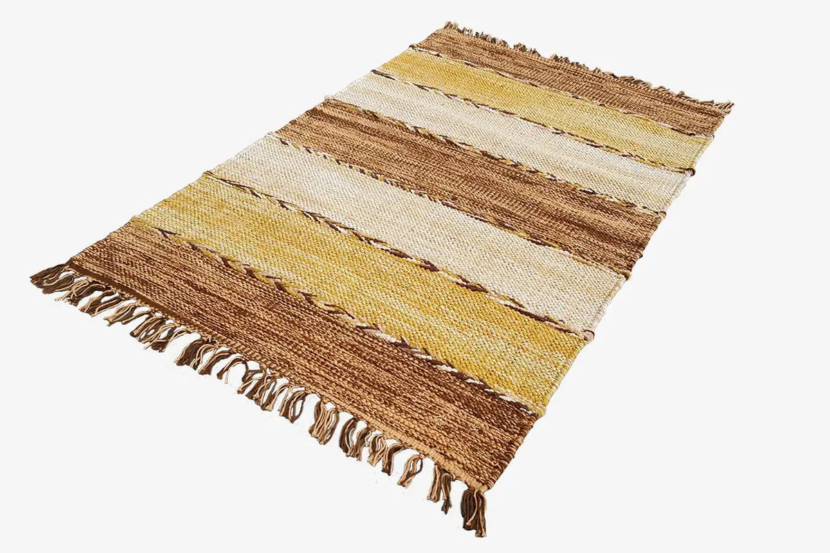 Kilim rug with horizontal stripes in cream, yellow and brown and fringes